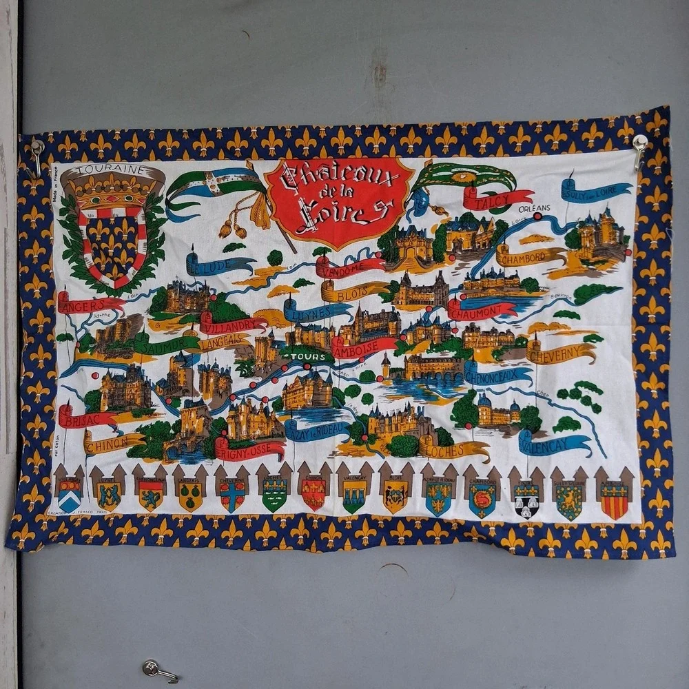 Vintage France Chateaux de la Loire in Touraine Cotton Tea Towel Tour Map